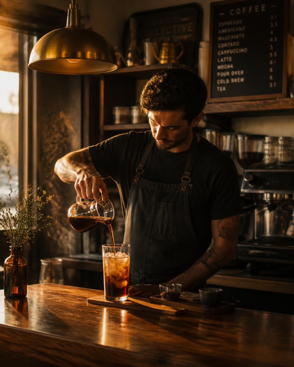 Barista pouring cold brew over ice in a warm, amber-lit El Cielo lounge