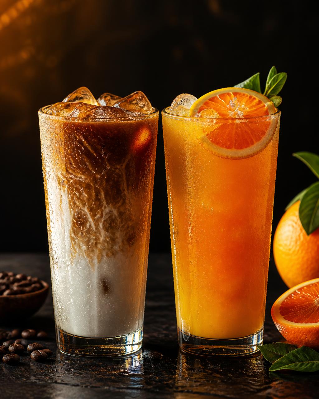 Signature iced coffee beside a vibrant fresh citrus juice